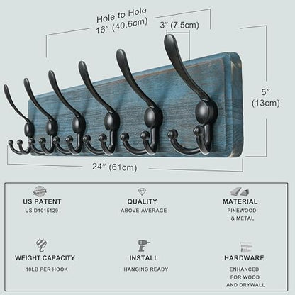 Dseap Coat Rack Wall Mounted - 24" Long 6 Tri Hooks, Heavy Duty Wooden Wall Coat Hanger Coat Hook for Clothes Hat Jacket Clothing, Weathered Blue and Black, Pack of 2 - color: Weathered Blue & Black, size: L=24"