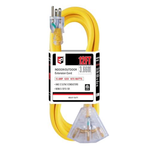 EP 12 Ft 12 Gauge Heavy Duty Extension Cord, 15A 125V 1875W, 3 Outlet Indoor/Outdoor Power Cord with Lighted End, 12/3 SJTW Weatherproof Yellow - color: Yellow, size: 12FT