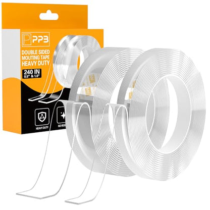 2 Rolls Double Sided Tape Heavy Duty - 240" x 1.0" & 0.5" - Removable Mounting Tape for Poster Picture Hanging Carpet Strip Rug Wall Outdoor - Clear & Strong Nano Tape Adhesive Multipurpose - 20 Feet