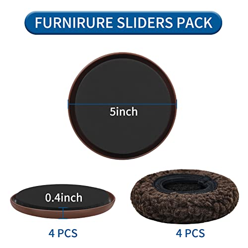 5" Furniture Sliders, 2-in-1 Furniture Movers Sliders with Hardwood Socks, 4+4 Pack - 4 Furniture Sliders for Carpet and 4 Hardwood Socks, Move Your Furniture Easily! - size: 4+4 Pack 5inch (Brown)