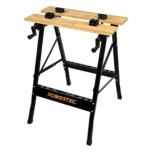 POWERTEC Portable Small Workbench with Vise, Imprinted Ruler and Protractor Scale, Folding Sawhorse/Worktable and 4 Bench Dogs for Woodworking Projects (MT4006V) - style: Portable workbench