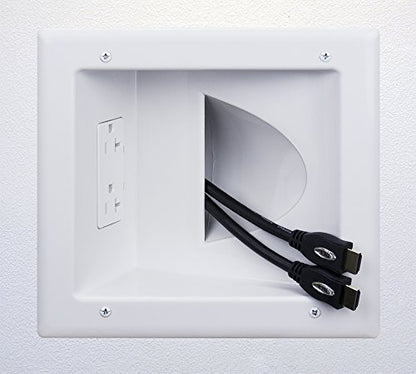 DATA COMM Electronics 45-0032-WH Commercial Grade Recessed AV/HDMI Cable Conceal Plate, 20 Amp Dual Power Receptacle, White – Low Profile, Large Cable Pass-Through, Secure Drywall Mounting - style: with 20 Amp Dual Power Receptacle
