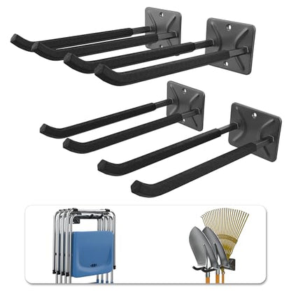 WALMANN Wall Mounted Garage Hooks, Heavy Duty 12-inch Tool Hooks for Hanging, Tool Hangers for Car Tires, Ladders, Folding Chairs, Strollers, Garden Tools (Pack of 4) - style: Pack of 4
