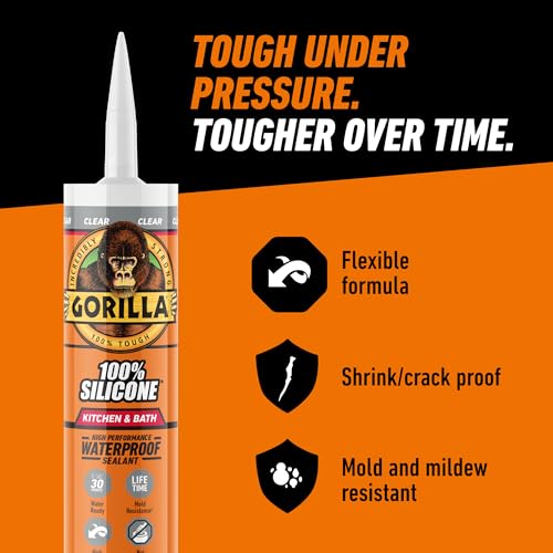 Gorilla 100% Silicone Caulk Kitchen & Bath Sealant, Mold Resistant, 10 oz. Cartridge, Clear - color: Clear
