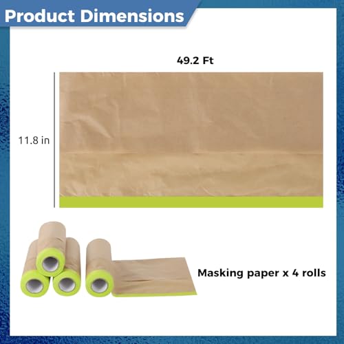 yeesport 4 Rolls Pre-Taped Masking Paper for Automotive Painting - 11.8 in x 49.2 Ft Tape and Drape, Adhesive Paint Protection Film for Walls, Floors, Cars, Frames & DIY Projects (No Residue) - size: 11.8 In x 49.2 Ft