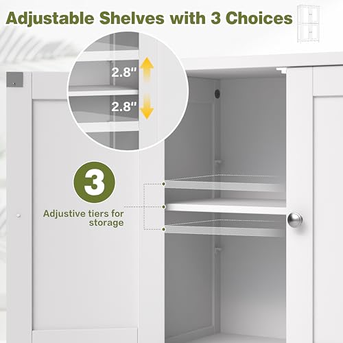 Nuturelly Bathroom Floor Storage Cabinet, Freestanding Pantry Cabinets with 4 Doors & 3 Adjustable Heights, Bathroom Organizers and Storage Waterproof Board & Metal Handles for Kitchen, Creamy White