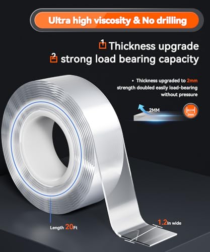 Strong Heavy Duty Double Sided Tape, 1.2" x 20FT Extra Large Clear & Tough Removable Nano Adhesive Filament Tape for Wall Hanging Strip Poster Deco Rug (1/12" Thick) - size: 1.2" X 20 Ft (1/12" Thick)