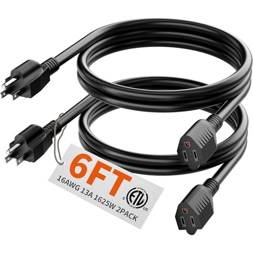 HUANCHAIN 6 FT（2 Pack） 16 Gauge Black Indoor Outdoor Extension Cord Waterproof, Flexible Cold Weather 3 Prong Electric Cord Outside, 13A 1625W 125V 16AWG SJTW, ETL Listed - color: Black, size: 6 FT-2pcs, style: 16/3 Extension Cord