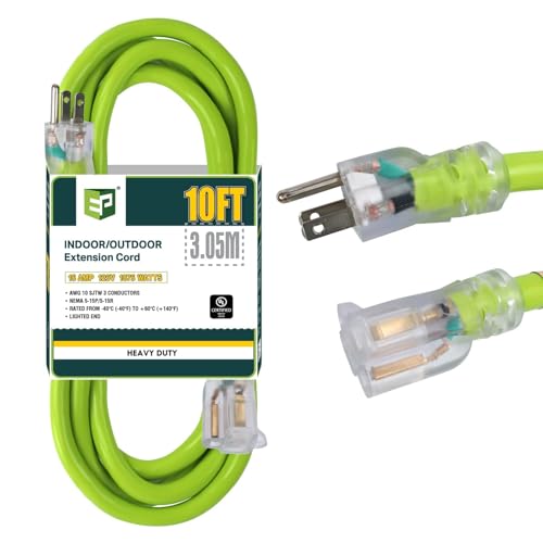EP 10 Ft Lighted Outdoor Extension Cord - 10/3 SJTW Heavy Duty Green Extension Cable with 3 Prong Grounded Plug for Safety, UL Listed - color: Green, size: 10ft