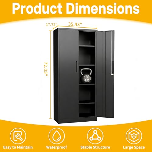 Metal Storage Cabinet with 2 Doors and 4 Adjustable Shelves, 72" Garage Storage Cabinet with Lock, Tall Garage Cabinets for Office, Home, Garage, Gym, School - size: 72.05"H x 17.72"D x 35.43"W
