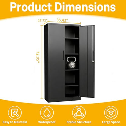 Metal Storage Cabinet with 2 Doors and 4 Adjustable Shelves, 72" Garage Storage Cabinet with Lock, Tall Garage Cabinets for Office, Home, Garage, Gym, School - size: 72.05"H x 17.72"D x 35.43"W