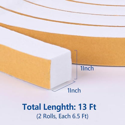 Kikerike Self Adhesive Foam Tape Weatherstrip 1In x 1In x 13Ft High Density Foam Insulation Strips Seal Weather Stripping with Strong Adhesive for Door and Window Sound Isolation Soundproofing - size: 1in x 1in x 13Ft