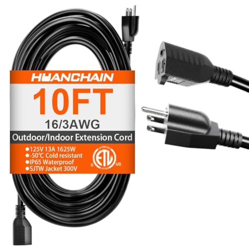HUANCHAIN 10 FT 16 Gauge Black Indoor Outdoor Extension Cord Waterproof, Flexible Cold Weather 3 Prong Electric Cord Outside, 13A 1625W 125V 16AWG SJTW, ETL Listed - color: Black, size: 10FT, style: 16/3 Extension Cord