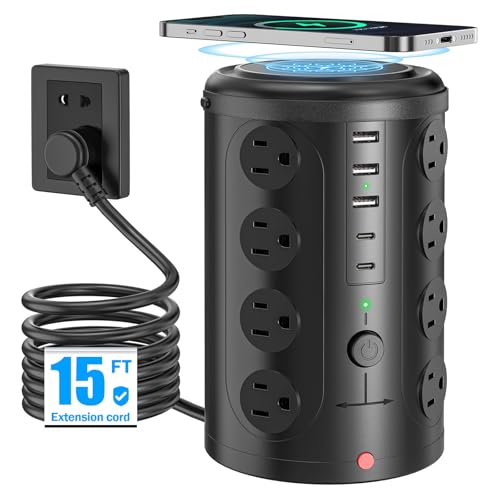 Tower Power Strip with 15W Wireless Charger, 15FT Extension Cord with Multiple Outlets, 16 AC Outlets & 5 USB (2 USB C) Charging Station Surge Protector for Office Home Dorm Room (Black) - size: 15ft With Wireless Charger