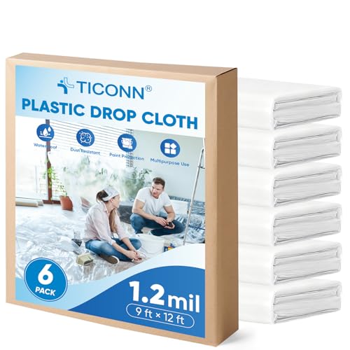 TICONN 12 x 9 Ft Plastic Drop Cloth for Painting, Waterproof Painters Plastic Sheeting, Painting Tarp for Furniture Cover, Floor Protection (6PK, 1.2Mil) - size: 1.2 Mil