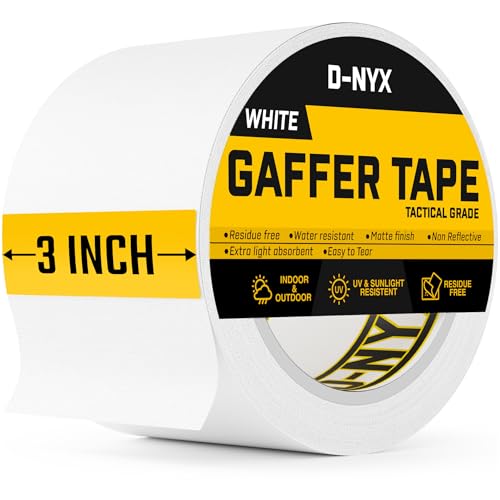 D-NYX Gaffer Tape 3 Inch x 1 Pack White Gaff Tape No Residue, Multipurpose, Heavy Duty Gaffers Tape, Matte Finish Non-Reflective Waterproof Real Professional Grade White Gaffer Tape - color: White, size: 3 inch