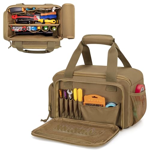 Rexmica 12-Inch Tool Bag with Anti-friction Bottom, Hand Tool Storage Organizer Bag for Men, Tactical Range Bag, Multi-purpose Work Tote for Repairman, Electrician, Carpenters, Handyman, Khaki - color: Khaki