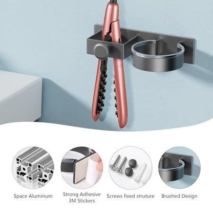 YUET Hair Dryer Holder Hairdryer Straightener Station Wall Mounted/Self Adhesive Metal Spiral Shelf Bracket Stand Hanger Organizer Blow Storage With Cable Tidy Rack For Dressing Table Bathroom (Grey) - color: Grey