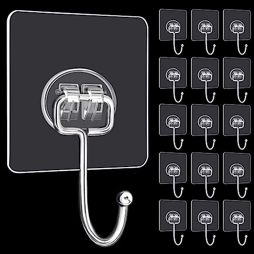 DKHDBD Large Adhesive Hooks, 16-Pack Hold 33lb(Max) Heavy Duty Sticky Hooks, Waterproof Transparent Hooks for Hanging, Self-Adhesive Traceless Clear Wall Hooks to Use for Keys Robe & Towel