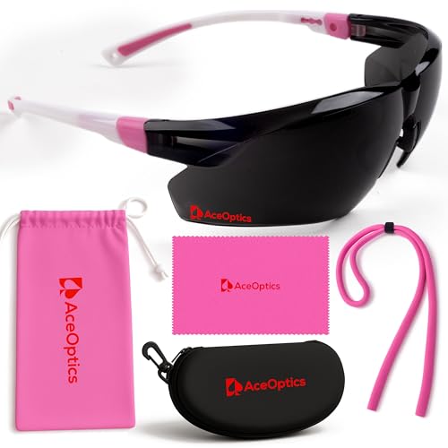 Safety Glasses – ANSI Z87 Certified, 5X Anti-Fog ClearShield™ Lenses with Premium Hard Case & Accessory Bundle - color: Pink & White / Tinted