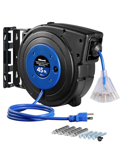 Retractable Extension Cord Reel, 45 FT Heavy Duty Power Cord, 12AWG/3C SJTOW, 3 Grounded Outlets Lighted Triple Tap, 15 Amp Circuit Breaker, UL Listed, Blue U45CR06 - color: Blue
