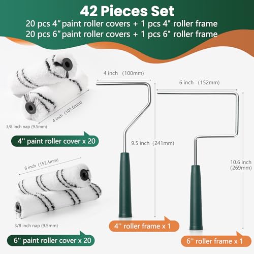40 Pack 4 Inch and 6 Inch Microfiber Paint Roller Covers with 2pcs Anti Rust Metal Roller Frames, Professional Grade Painting Tools for Walls, Ceilings, Furniture - size: 4 Inch & 6 Inch, 42 Pack
