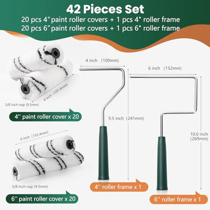 40 Pack 4 Inch and 6 Inch Microfiber Paint Roller Covers with 2pcs Anti Rust Metal Roller Frames, Professional Grade Painting Tools for Walls, Ceilings, Furniture - size: 4 Inch & 6 Inch, 42 Pack