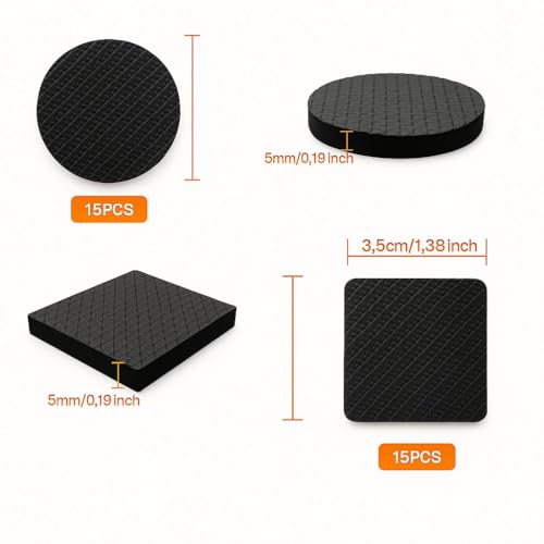 30 Pcs Non Slip Furniture Pads, Rubber Feet for Furniture Leg Floor Protectors Sliders for Hardwood Floors(1.38", Round, Square)