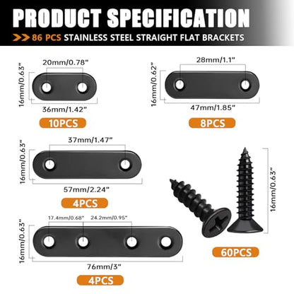 mankk 86PCS Black Straight Flat Metal Bracket Mending Plates Stainless Steel Flat Brace Brackets Fixed Connecting Plate for Wood Repair Fixing - color: Black-36/46/56/76mm