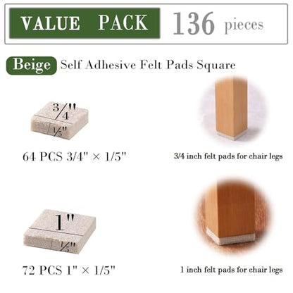 Fursafe&Q Felt Furniture Pads for Hardwood Floors - Self Adhesive Chair Felt Pad, Furniture Feet Floor Protectors, Furniture Sliders Protect from Nicks and dents, Anti Scratch 136 Pcs Beige Square - size: 136 Pcs Beige Square Pads