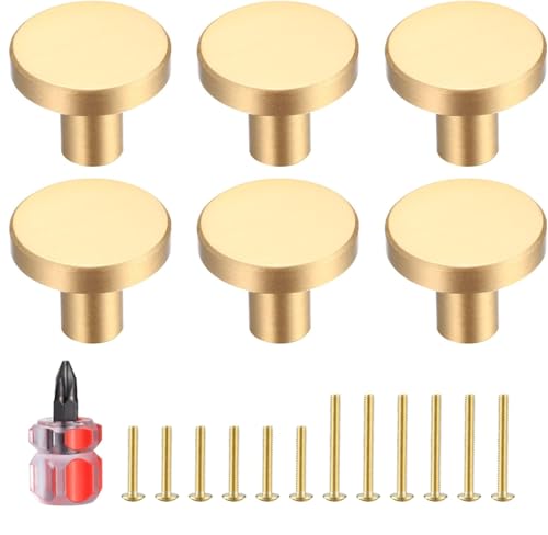 Gold Cabinet Knobs, 6 Pcs Brushed Brass Round Kitchen Cabinet Hardware Pulls Knobs Gold for Dresser Drawer Cupboard Furniture Closet Wardrobe Door Knobs Handles, with Screwdriver, 20x30 mm - size: 30mm/1.18inch (6 Pcs Brass)