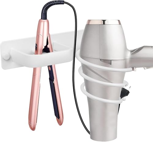 YUET Hair Dryer Holder Hairdryer Station Wall Mounted Shelf Bracket Straightener Stand Hanger Organizer Blow Storage with Cable Tidy Rack for Dressing Table Bathroom Aluminum Professional, White - color: White