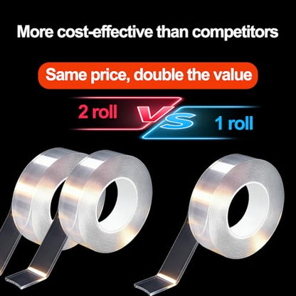 【2 Rolls】 Double Sided Tape Heavy Duty, Nano Clear Mounting Tape, Picture Hanging Poster Carpet Tape for Walls, Dorm Office School Outdoor, Removable Adhesive（9.85FTx1.2in&0.8in - size: 19.7 Feet