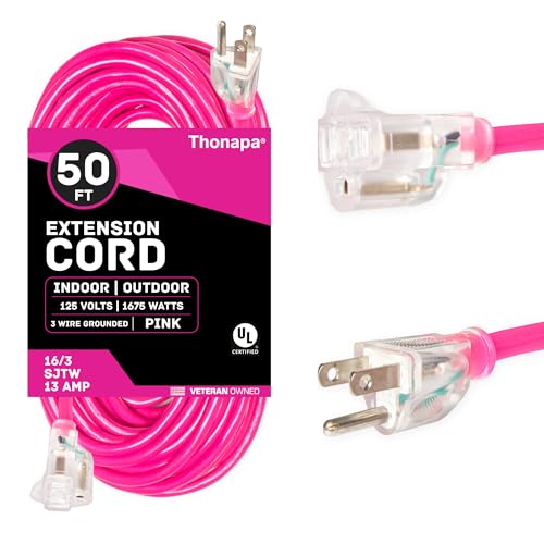 THONAPA 50 Ft Outdoor Extension Cord with 3 Prong, 16/3 SJTW Neon Pink Extension Cord 50ft, 13 AMP for Indoor or Outdoor Use, Small Appliances, Gardens, Lawn, Lights Decor - UL Listed - color: Neon Pink, size: 50 Foot