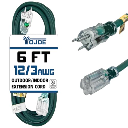 YOJOE Indoor Outdoor Extension Cord with Lighted End, 3 Prong 15A Weatherproof Power Cord, 12 Gauge Heavy Duty 6 ft Green Extension Cord for Garage, Garden and Home, 12/3 SJTW UL Listed - color: Green, size: 6 Foot, style: 12/3 Lighted-End