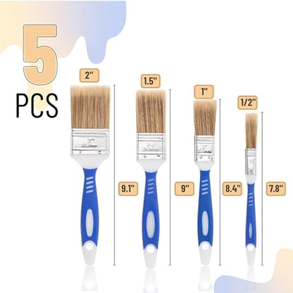 Bates- Paint Brushes for Walls, 0.5", 1", 1.5" & 2", 5 Pack, Synthetic Bristle, Shatterproof Handle, Stain Brush, Furniture Paint Brush, Wall Paint Brushes for Painting Walls, Painting Brush