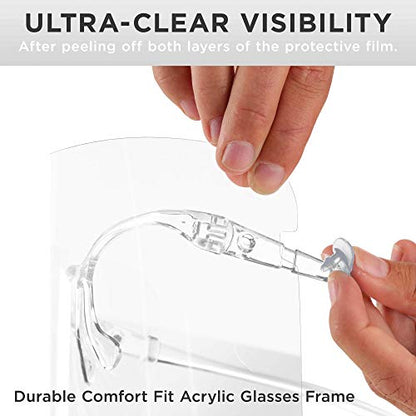 TCP Global Salon World Safety Face Shields with All Clear Glasses Frames (Pack of 4) - Ultra Clear Protective Full Face Shields to Protect Eyes, Nose, Mouth - Anti-Fog PET Plastic, Goggles