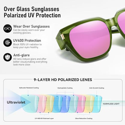 HAOLOTA Polarized Fit Over Glasses Sunglasses for Women Men Trendy Square Wrap Around Shades UV Protection - color: L Size 20 Clear Green/Pink