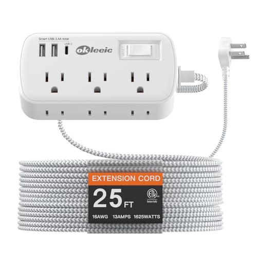 Extension Cord 25 FT Multiple Outlets Surge Protector Power Strip 6AC Outlets 3USB(5V/3.4A 17W), Flat Plug Long Braided Extension Cord, Wall Mountable for Home College Dorm 13A 1625W White - size: 25 FT-45°Plug, style: 6AC+2U1C