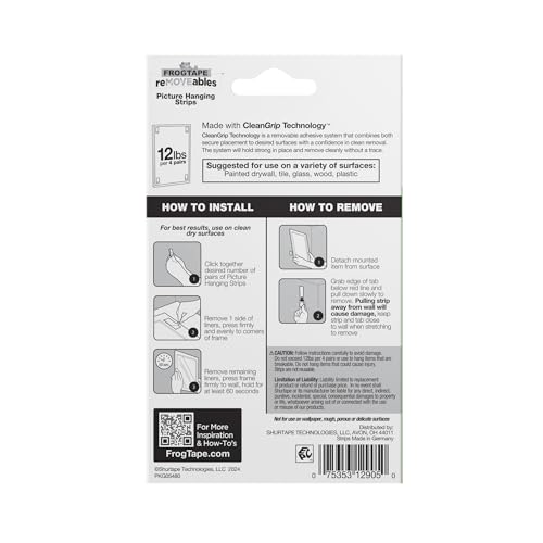 FrogTape reMOVEables Medium Picture Hanging Strips, Damage-Free Removable Adhesive Wall Strips, Picture Hangers, Stick On Wall Mounting for Frames, Canvas, Home Décor, White, 12 Pairs (24 Pieces) - size: 12 Pairs (Pack of 2), style: Medium