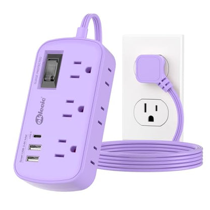 Purple Extension Cord with Surge Protected - Cute Travel Power Strip with 6 AC Outlet 3 USB (1 USB-C) Charging Station, Purple Desk Accessories Wall Mountable Cute Kawaii Lavender Office Dorm Room - size: 5 FT-Purple-45°Plug, style: 6AC+2U1C