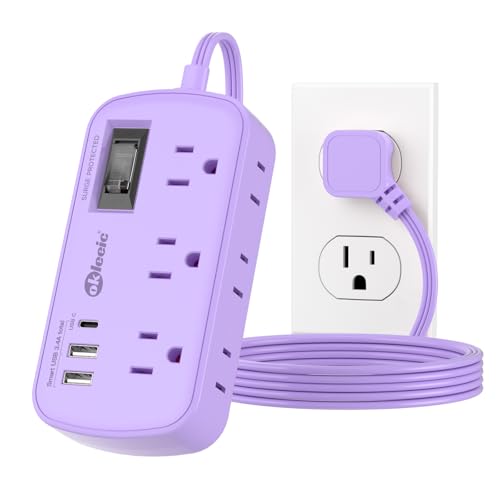 Purple Extension Cord with Surge Protected - Cute Travel Power Strip with 6 AC Outlet 3 USB (1 USB-C) Charging Station, Purple Desk Accessories Wall Mountable Cute Kawaii Lavender Office Dorm Room - size: 5 FT-Purple-45°Plug, style: 6AC+2U1C