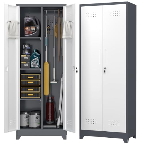 65" H Metal Garage Storage Cabinets with Doors and Shelves, Locking Cabinet, Broom Closet Storage Cabinets with Hanging Rod, Functional Tool Cabinet for Home, Garage, Kitchen - color: Gray&white, size: 65''H-Cleaning cabinet