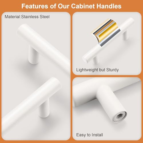 Probrico 5 Pack Hole Centers (64mm) 2-1/2inch White Kitchen Cabinet Handles Stainless Steel White Cabinet Pulls Euro Style Pull Handle for Cabinets and Drawers Total Length 4inch - color: White, size: Hole Centers: 2-1/2"