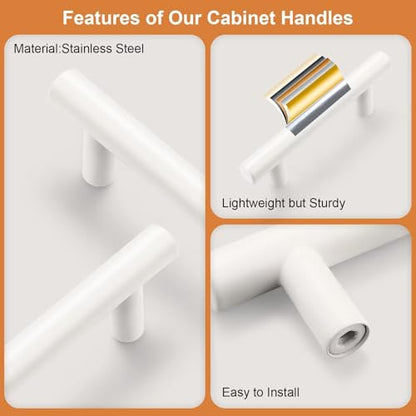 Probrico 5 Pack Hole Centers (64mm) 2-1/2inch White Kitchen Cabinet Handles Stainless Steel White Cabinet Pulls Euro Style Pull Handle for Cabinets and Drawers Total Length 4inch - color: White, size: Hole Centers: 2-1/2"