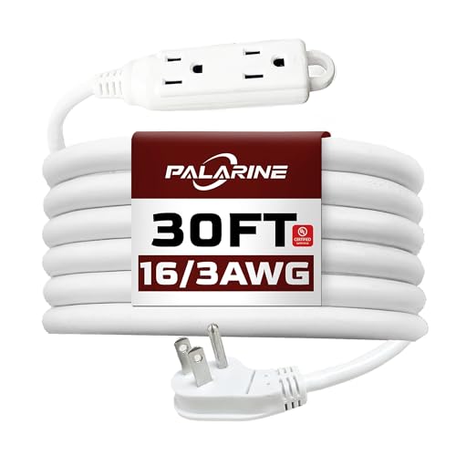 Indoor Extension Cord Power Strip 3 Outlets Flat Plug, UL Listed, 16 Gauge 30 ft White 3 Prong Heavy Duty, 16/3 SJTW 13A Outlet Extender - color: White, size: 30 FT