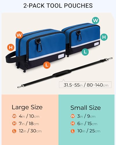 2 Pack Small Tool Bags Zipper Pouch for Organizing, with Adjustable Shoulder Strap & Carabiner, Utility Small Tool Pouch with Multi Pocket Compartments and Label Area (12" & 10") - color: Blue 2 Pack