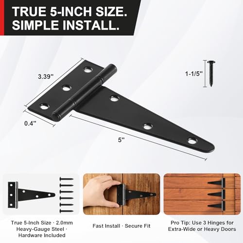 5 Inch Heavy Duty Door Hinges, 2 Pack Black Hinges T Strap Hinges, True 2.0mm Thick Reinforced Steel, Complete Screws Included, Shed Door Hinges & Gate Hinges for Wood and Metal Doors, Outdoor Use - size: 5IN-2PCS