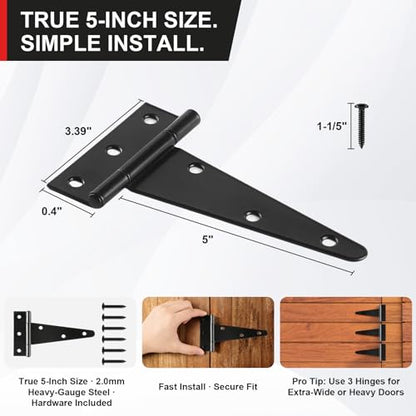 5 Inch Heavy Duty Door Hinges, 2 Pack Black Hinges T Strap Hinges, True 2.0mm Thick Reinforced Steel, Complete Screws Included, Shed Door Hinges & Gate Hinges for Wood and Metal Doors, Outdoor Use - size: 5IN-2PCS