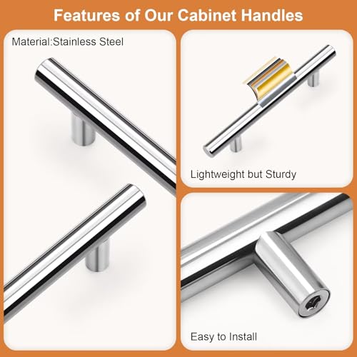 Probrico 5 Pack Hole Centers (96mm) 3.75inch Polished Chrome Kitchen Cabinet Handles Stainless Steel Polished Chrome Cabinet Pulls Round T Bar Pull Handle for Cabinets and Drawers Total Length 6inch - color: Polished Chrome, size: Hole Centers: 3-3/4"